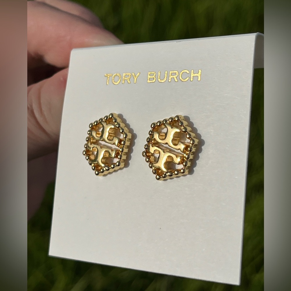 NWOT Tory Burch Kira Gold Toned Logo T Pave Stud Earrings - Picture 2 of 7